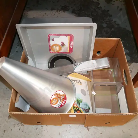 box of as-new kitchen items; baking tins, magnetic knife rack etc