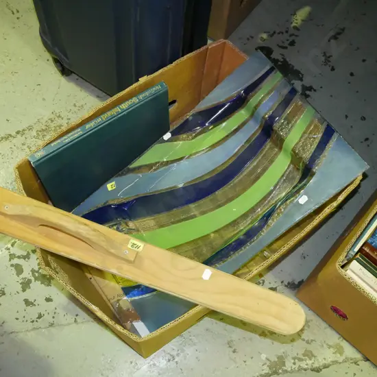 box; very large glass platter, wooden trowel, South Island in colour book