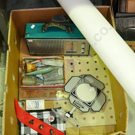 box; retro Sanyo transistor radio, topographical maps etc