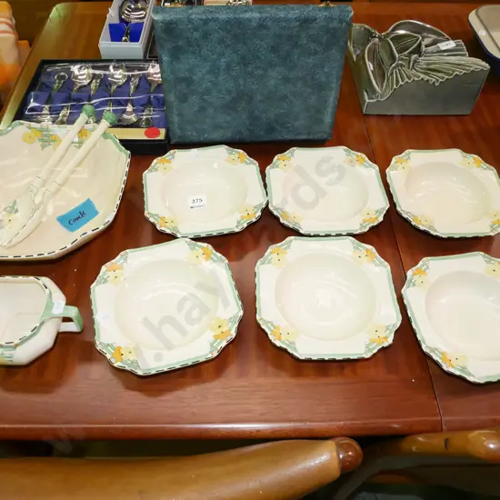 Crown Devon yellow floral sweet set with jug and 2 servers - large crack to serving bowl