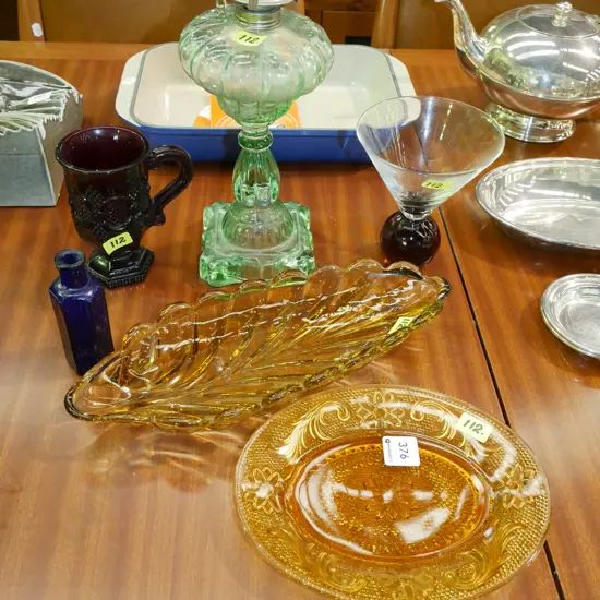 amber glass dish, part kerosene lantern etc