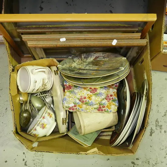 box; picture frames, cabinet plates, cutlery etc