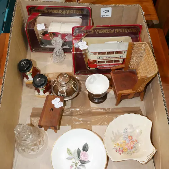 box; models of Yesteryear, brass bell, salt and pepper etc