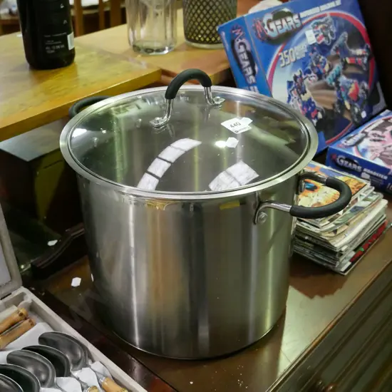 large glass lidded stock pot