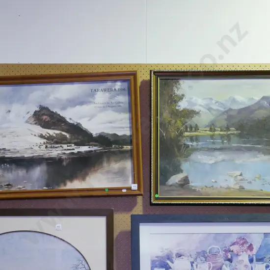 framed poster print - Tarawera, framed oil - lake and mountain scene - green dots