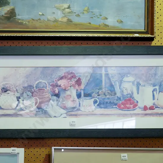 framed watercolour- still life items on shelf