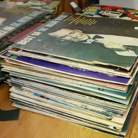 stack of records, Glen Miller, Frank Sinatra etc