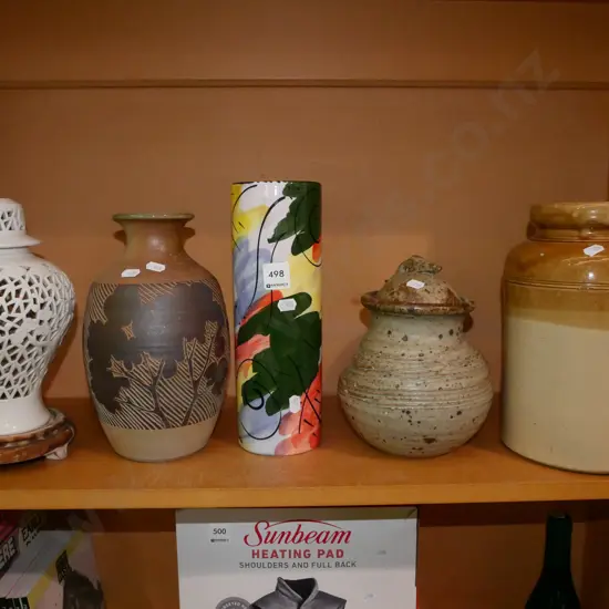 shelf; storage box, vases, studio pottery canister