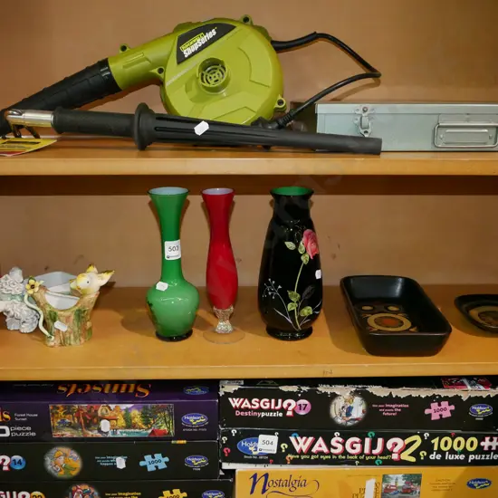 shelf; Denby dish, casserole, glass vases, 2x ornamental  vases