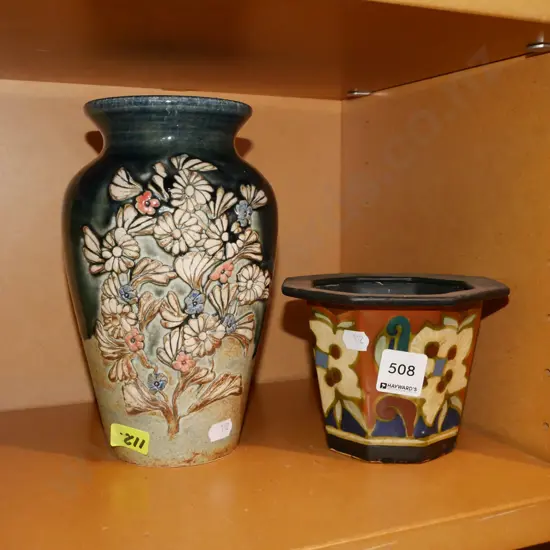 NZ studio pottery vase with flowers in relief, small floral planter