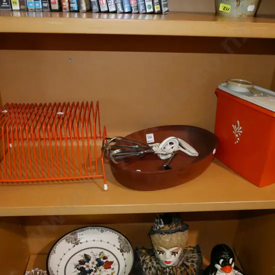 retro record rack, wooden bowl, egg beaters, container