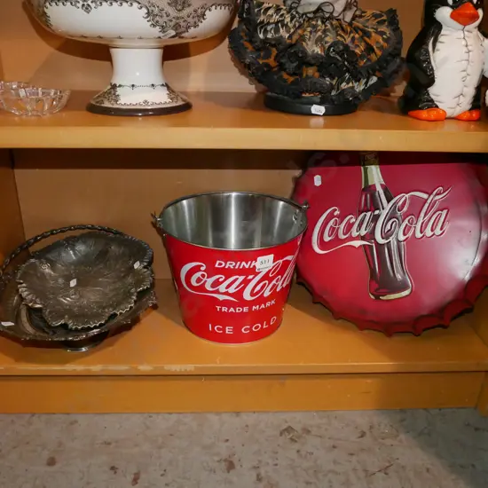 Coca Cola bucket, wall art, cast alloy and plated tray