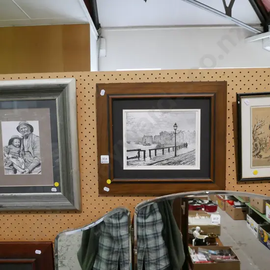 3x framed prints - man and child, city scape, oriental watercolour - yellow dots