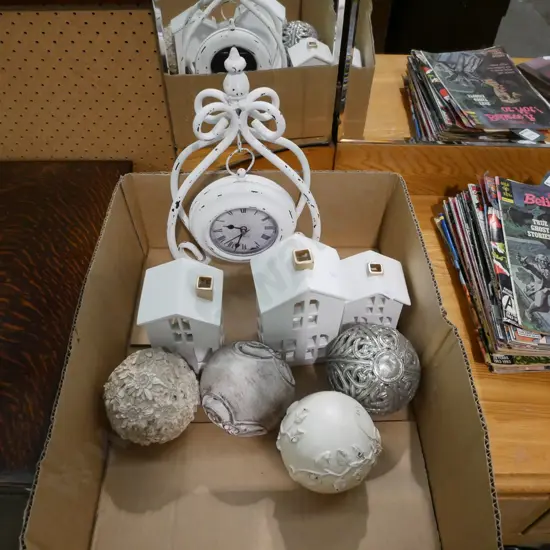 box; French themed mantle clock, candle lanterns ornamental balls