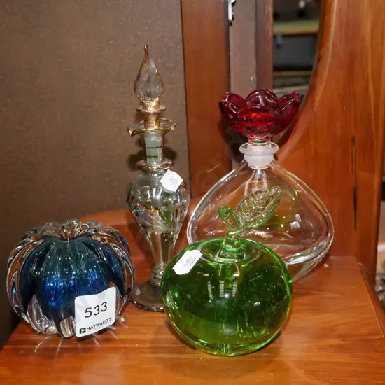 glass paperweights, 2 scent bottles