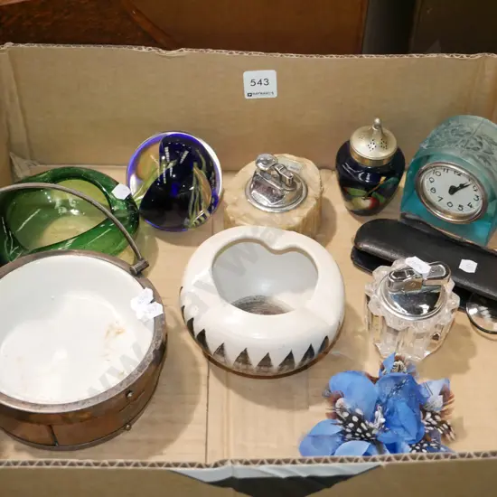 box; Hanmer ashtray, green glass ashtray, barrel basket, paper weight etc