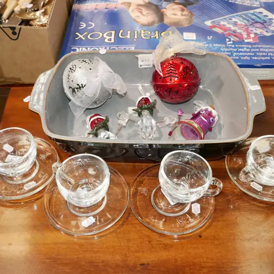 as-new Denby casserole, cups, saucers, Xmas tree decorations