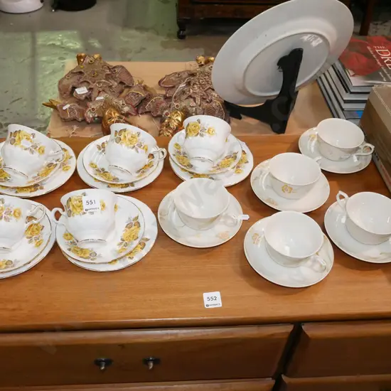 5x Queen Anne yellow rose trios, 5x Noritake cups and saucers