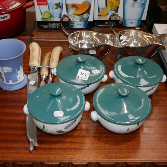 2x plated gravy boats, jasperware vase, soup bowls etc