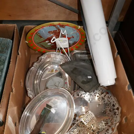 box; plated ware, motor racing posters, vintage telescope etc