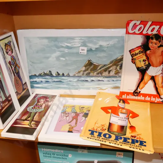 framed needlework, advertising print on tin, 4x prints