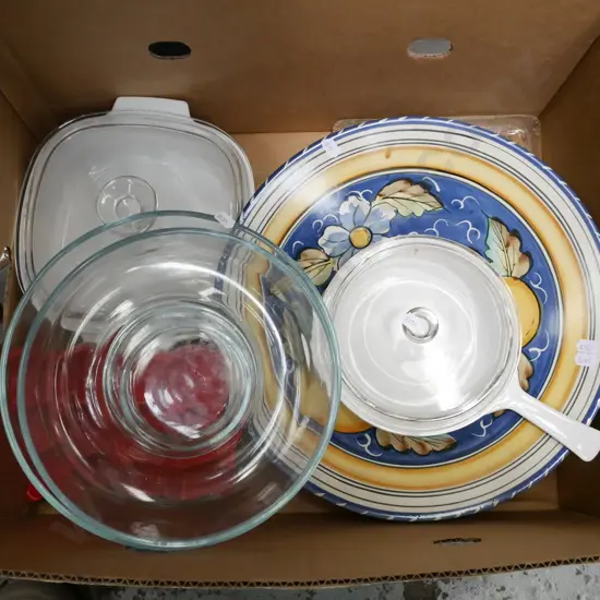 box; glass bowls, baking dish, dishes etc