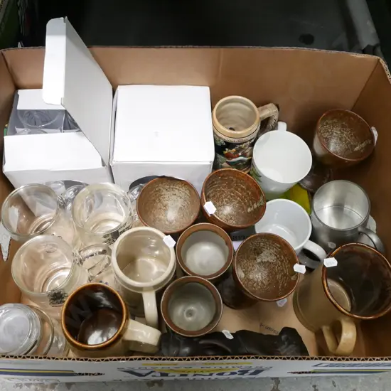 box; pottery goblets, glass beer steins, tumblers etc