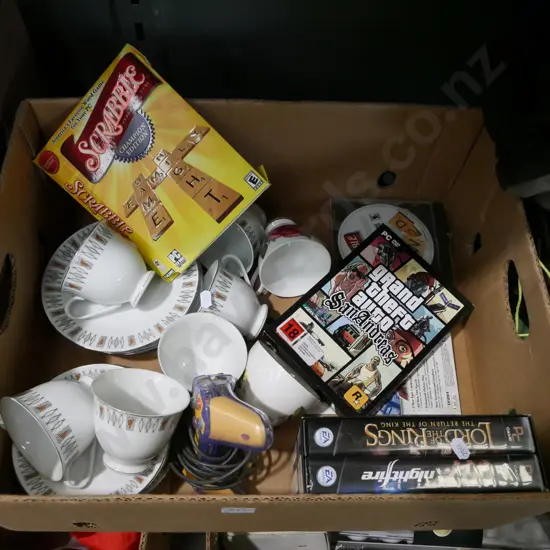 box; Lord of the Rings VHS, retro cups, x-box controller etc