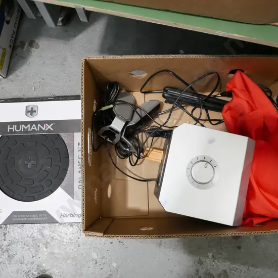 box; Dell computer speakers, flags, Humanx balance kit