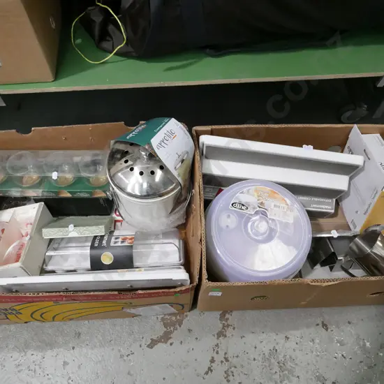 2x boxes; plastic expandable shelves, steamers, compost bin etc