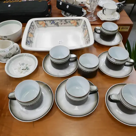 Mikasa baking dish, Denby coffee cups and saucers, Woods Cloverley bowls and creamer