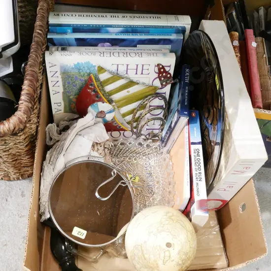 box; books, metal coat hooks, dressing table mirror etc