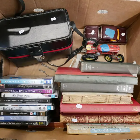 box; vintage books, DVDs, camera case