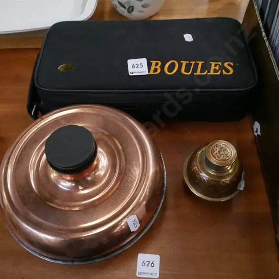 petanque set, copper hot water bottle, brass bell