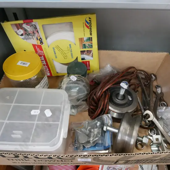 box; various casters, screws, spanners etc