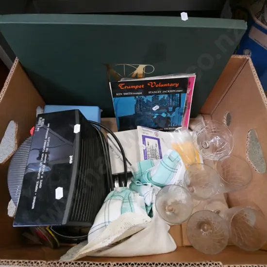 box; wine glasses, napkins, placemats, heater etc