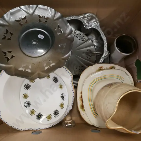 box; plated comport, plate tray, ceramic jug, bowls etc