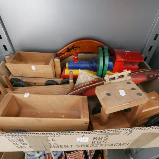 box; wooden train, souvenir ware boat etc