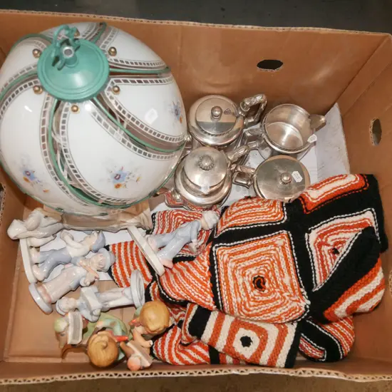 box; table lamp, plated ware, crochet blanket etc