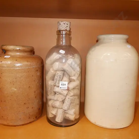 2x stoneware crocks, vintage bottle of wine corks