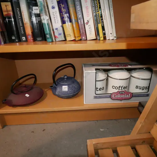 2x cast iron teapots, Colonial canisters