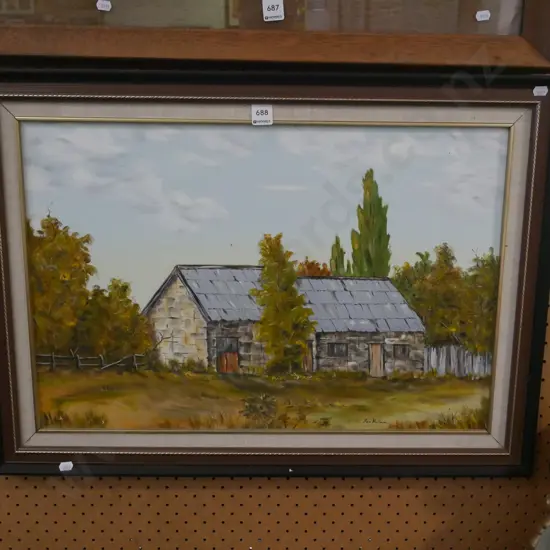 framed oil on board - farm buildings