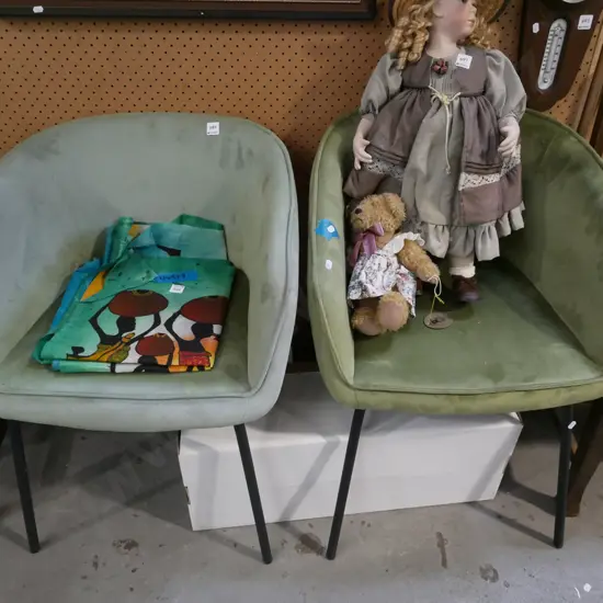 2x green velvet reception chairs - slight fading to one