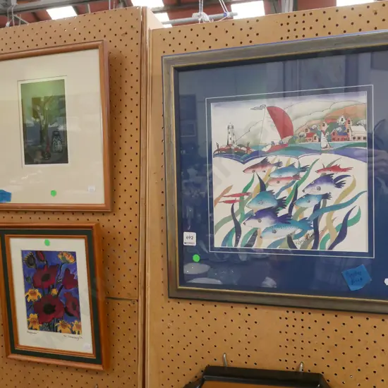 mixed media flowers, 2x digital prints- green dots