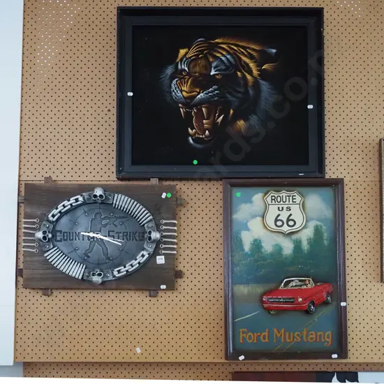 framed tiger painting on velvet, framed 3D Mustang on board, Counter Strike clock - green dots