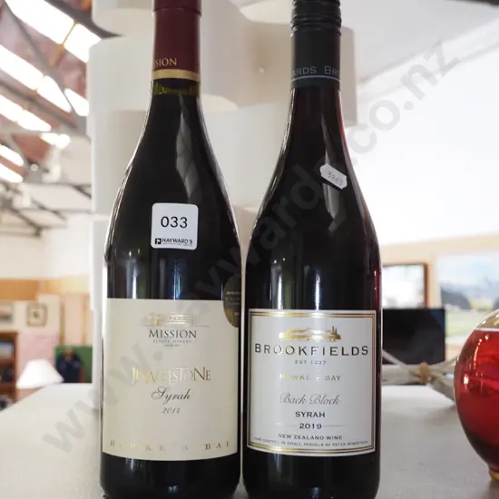 bottle of Mission syrah 2014, bottle of Brookfields syrah 2019