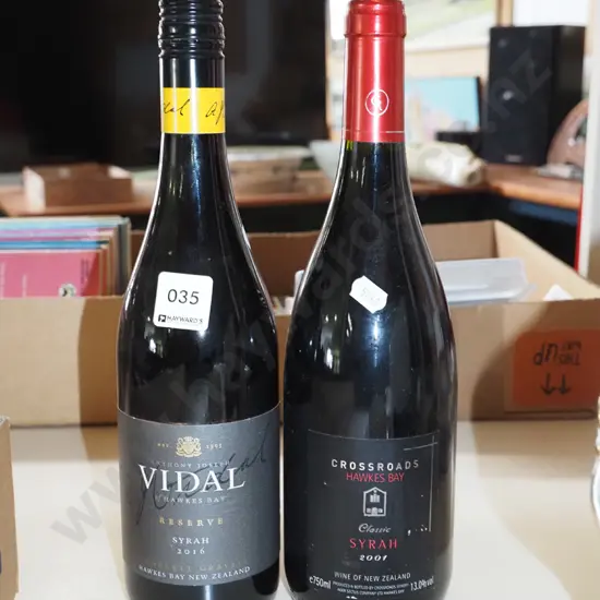 bottle of Vidal syrah 2016, bottle of Cross Roads syrah 2001
