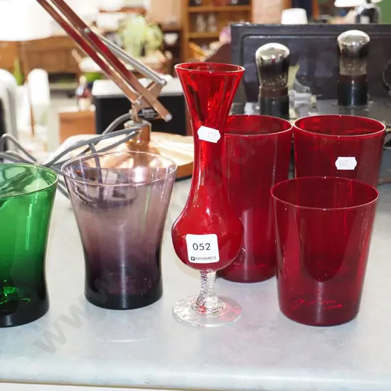 coloured tumblers, vase
