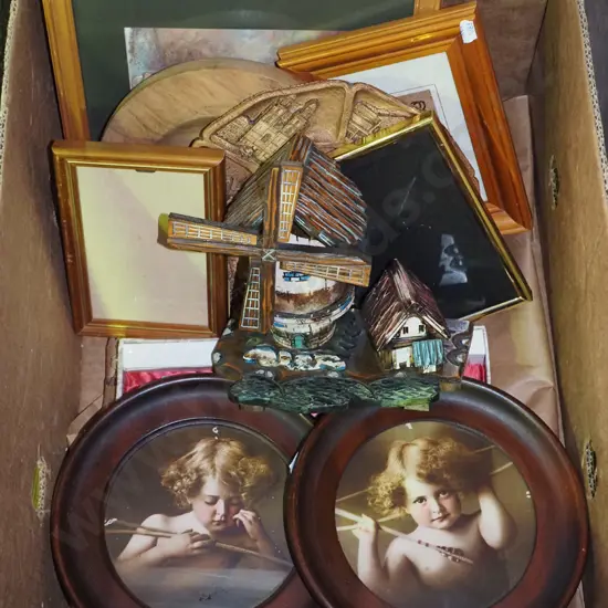 box; cutlery, cherub prints, windmill ornament etc