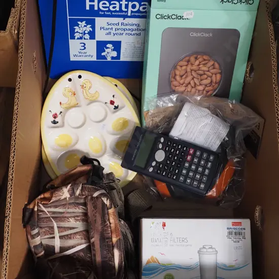 box; scales, seed heat pad, ear muffs etc